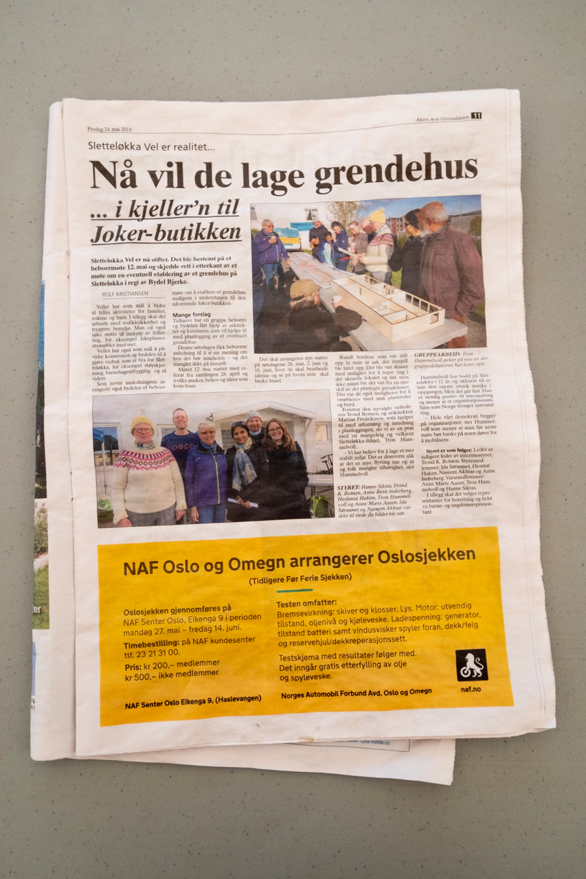 The second Dugnad Days community workshop was featured in Sletteløkka's local newspaper, May 2019. The local residents took this opportunity to establish the first Velforening (residents' association) of Sletteløkka.